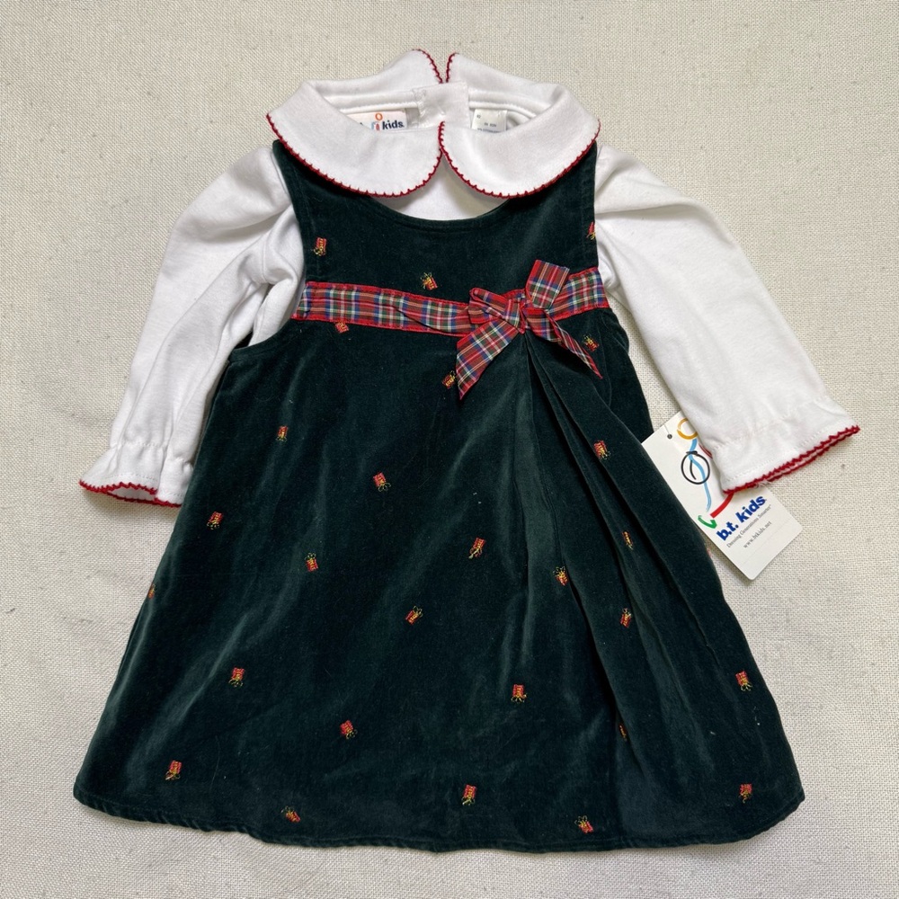 NWT B.T. Kids Vintage Velour Dress Holidays Green‎ Red Plaid Bow Size 12 Months